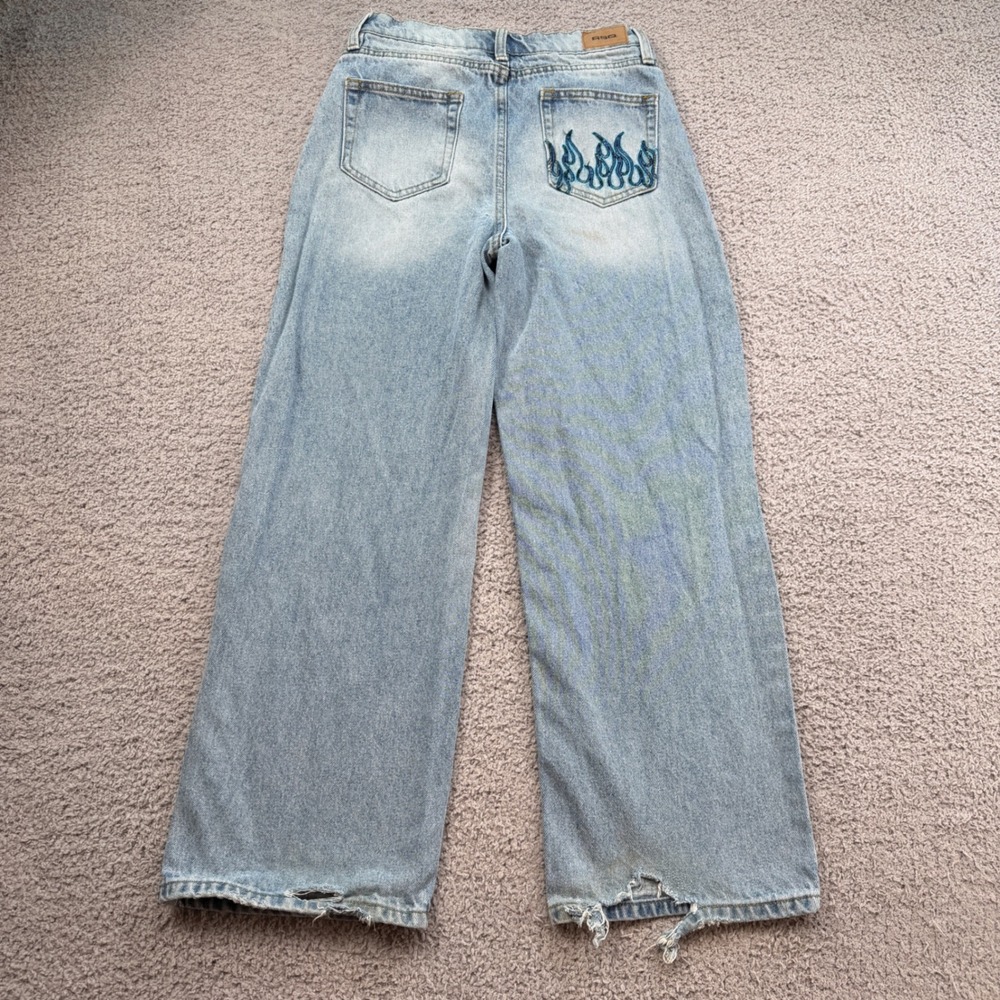 RSQ Extra Baggy Light Wash Jeans Blue Flame Embroidery Wide Leg Women Size 12 25